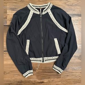 Free People Washed Black Crochet Inset Zip-Front Baseball Jacket -XS
